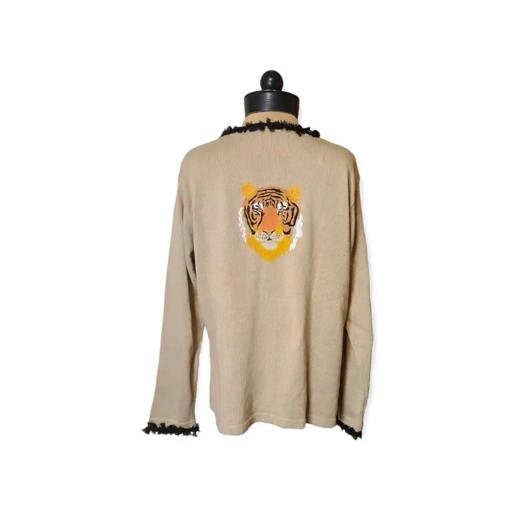 Storybook Knits Tiger Embroidered Zipper Front Cardigan Large